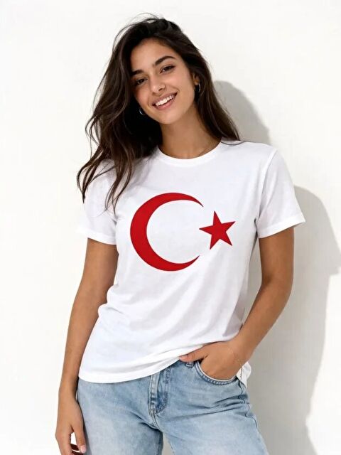 Jane's T-Shirt Kısa Kol Bisiklet Yaka Ay Yıldız Bayrak Baskılı Tişört - Beyaz