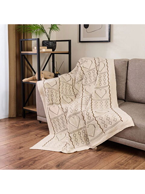 Evidea Soft Kalp Desenli Triko Koltuk Şalı - Bej - 120x160 cm - S000475769-19928