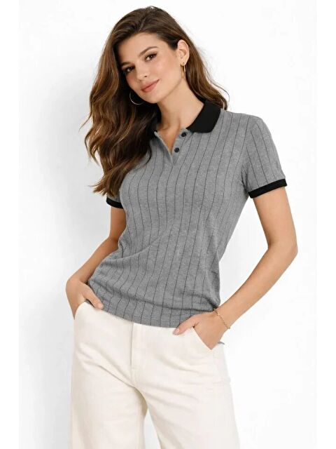 Jane's Polo Yaka Çizgili Tişört Kısa Kol Düğmeli Yazlık T-Shirt - Gri