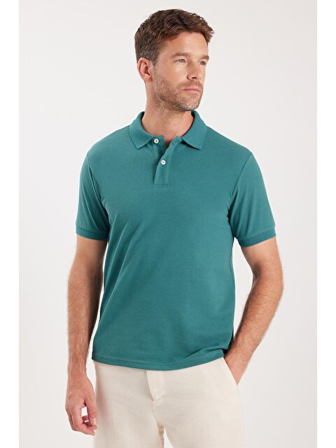 TUDORS Erkek Slim Fit Dar Kesim Pamuklu Yumuşak Dokulu Serin Tutan Kumaş Düz Pike Yeşil Polo Yaka Tişört - S000519720-18194