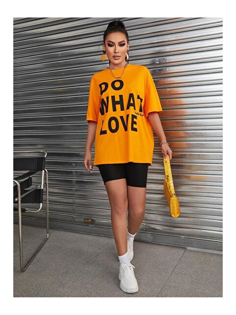 Trendseninle Kadın Turuncu Do What Baskılı Oversize Tişört