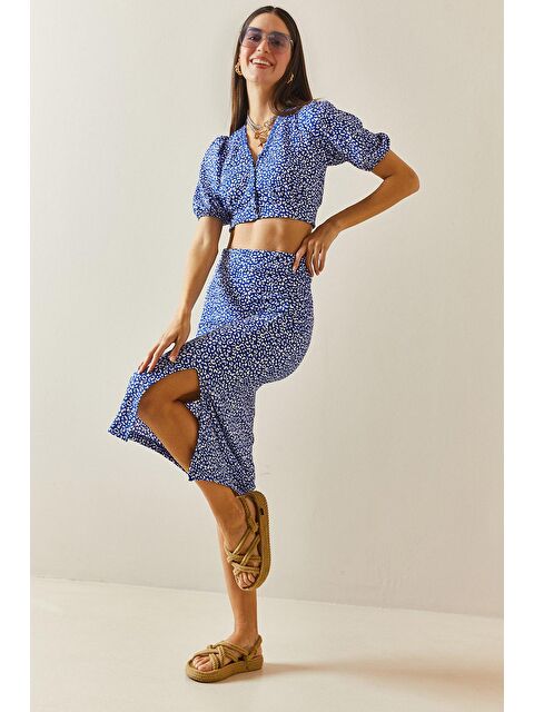 Xhan Mavi Düğmeli Crop İkili Takım 5YXK8-48307-12 - S000167253-17234