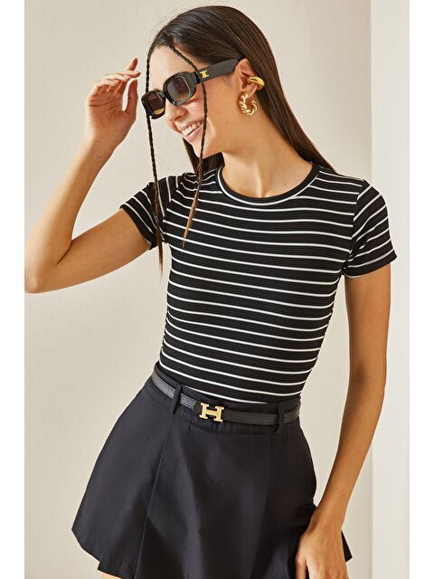 Xhan Siyah Bisiklet Yaka Çizgili Tişört 5YXK1-48622-02 - S000210387-19351