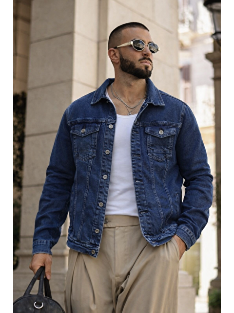 Comstar Erkek Trend Günlük Basic Cepli Dar Lacivert Jean Ceket