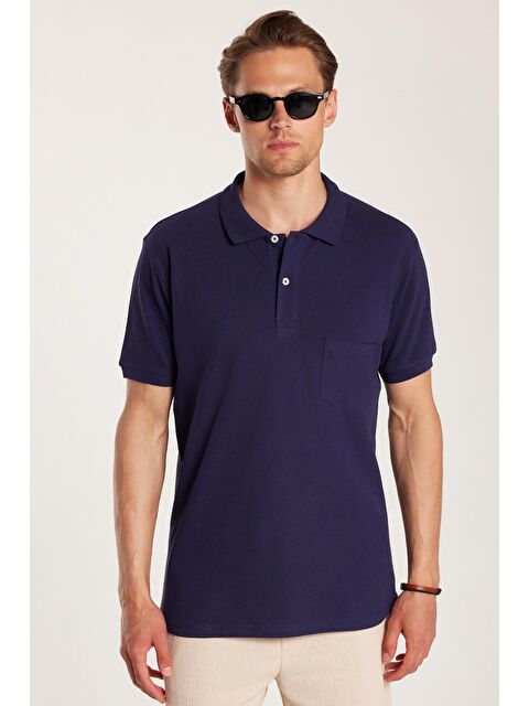 TUDORS Erkek Regular Fit Klasik Kesim %100 Pamuk Düz Pike Lacivert Polo Yaka Tişört - S000519727-21164