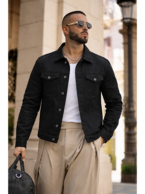 Comstar Erkek Trend Günlük Basic Cepli Dar Siyah Jean Ceket