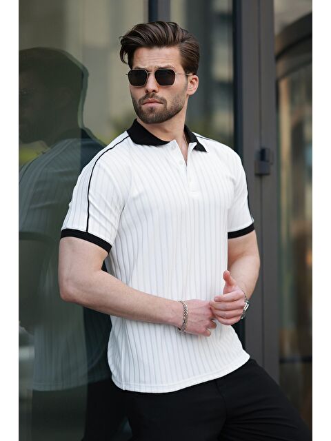 Madmext Ekru Desenli Polo Yaka Triko Erkek Tişört E7155 - S000380918-19965