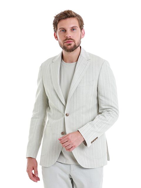 Hatemoğlu Bej Slim Fit Çizgili Mono Yaka Casual Keten Ceket - S000244932-19928