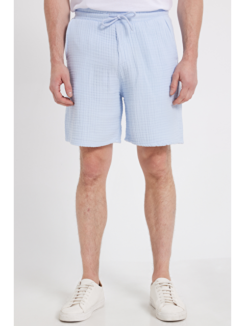 TUDORS Erkek Regular Fit Rahat Kesim Müslin %100 Pamuk Beli Lastikli Cepli Bağcıklı Mavi Şort - S000522009-17234