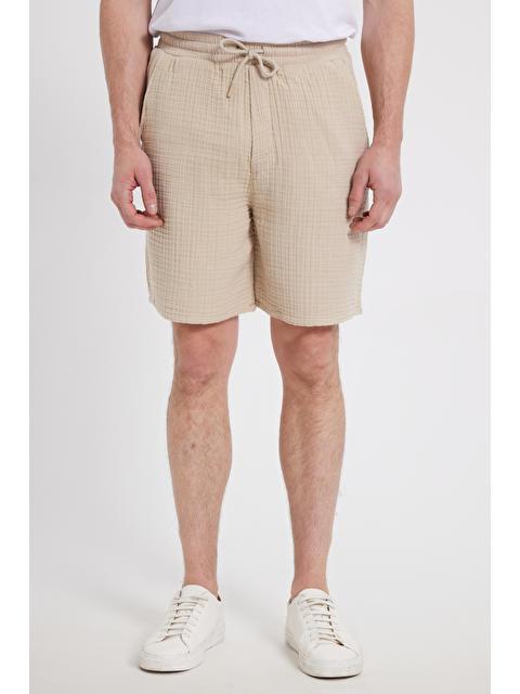 TUDORS Erkek Regular Fit Rahat Kesim Müslin %100 Pamuk Beli Lastikli Cepli Bağcıklı Bej Şort - S000522010-19928