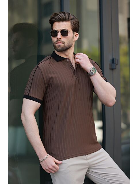 Madmext Kahverengi Desenli Polo Yaka Triko Erkek Tişört E7155 - S000380918-19413