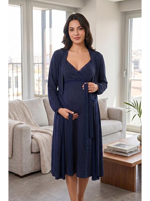 MİSS DÜNYA LİSSA Puantiyeli V Yaka Emzirme Kolaylığı Sağlayan Kuşaklı Hamile ve Lohusa Sabahlık Askılı Gecelik Seti