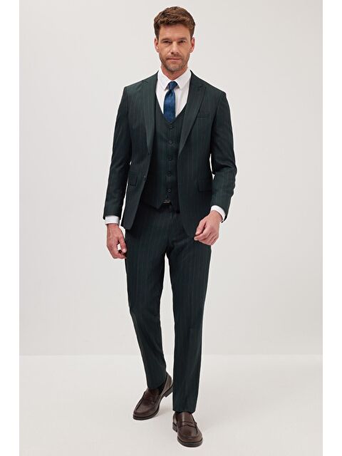 TUDORS Erkek Slim Fit Haki Esnek Elastanlı Kumaş Sivri Yaka Yelekli Takım Elbise - S000522019-18547