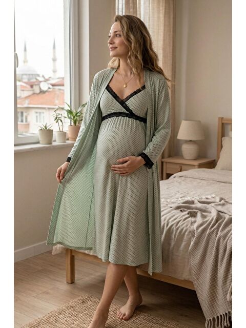 MİSS DÜNYA LİSSA Puantiyeli V Yaka Emzirme Kolaylığı Sağlayan Kuşaklı Hamile ve Lohusa Sabahlık Askılı Gecelik Seti