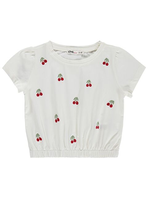 Civil Girls Kiraz Nakışlı 2-5 Yaş Tişört - Ekru
