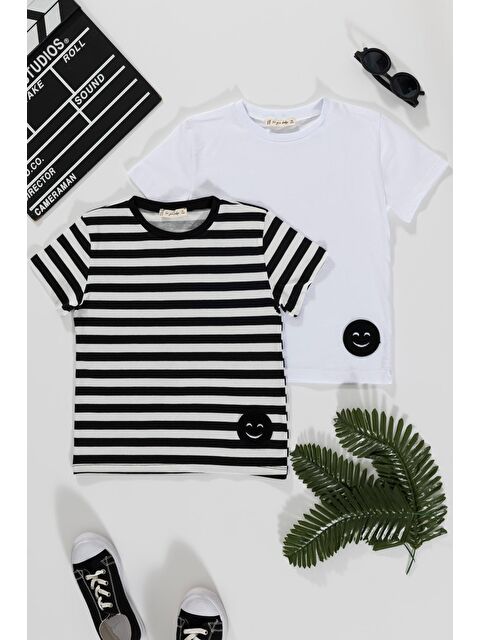 For You Kids 2'li Emoji Çizgili Siyah Beyaz Tshirt - S000209802-37424