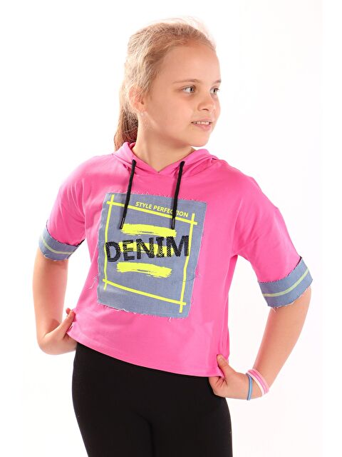 Toontoykids Kız Çocuk Denım Baskılı Kapüşonlu Tişört