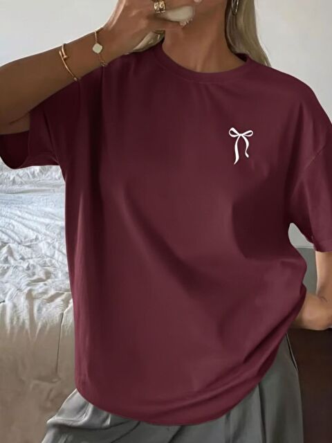 Trendseninle Kadın Bordo Kurdele Baskılı Tişört - S000517626-19951