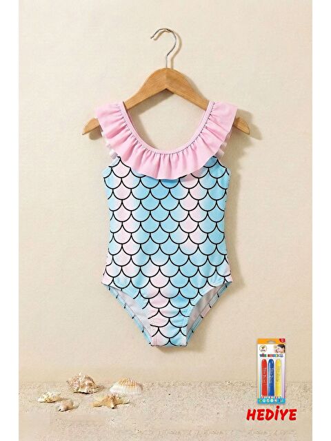ZUZUNGA Kız Çocuk Mermaid Desenli Fırfırlı Mayo