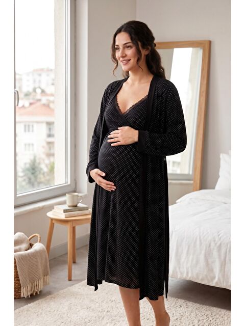 MİSS DÜNYA LİSSA Puantiyeli V Yaka Emzirme Kolaylığı Sağlayan Kuşaklı Hamile ve Lohusa Sabahlık Askılı Gecelik Seti