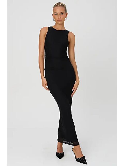 Madmext Siyah Desenli File Yüksek Yaka Maxi Elbise Mg2097 - S000206215-19351