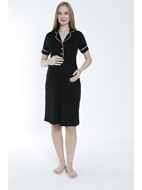 MİSS DÜNYA LİSSA Siyah Düğmeli Şerit Detaylı Hamile ve Lohusa Gecelik