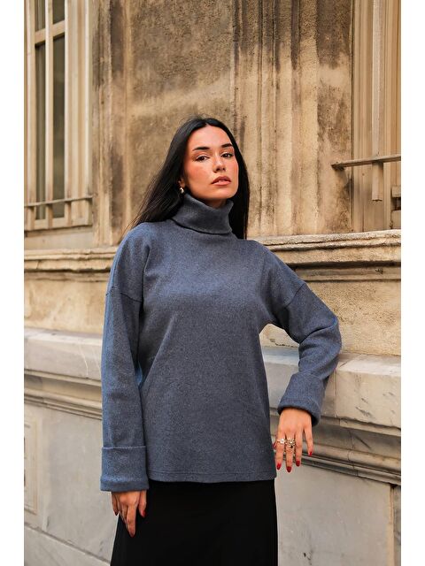 Y London Kol Detaylı Balıkcı Yaka Boğazlı İndigo Bluz - S000285376-23093