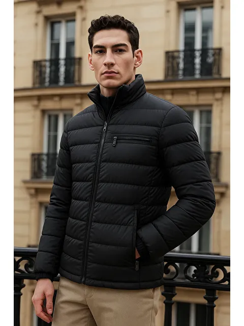 Comstar Erkek Trend Basic Dik Yaka Kışlık Siyah Şişme Mont