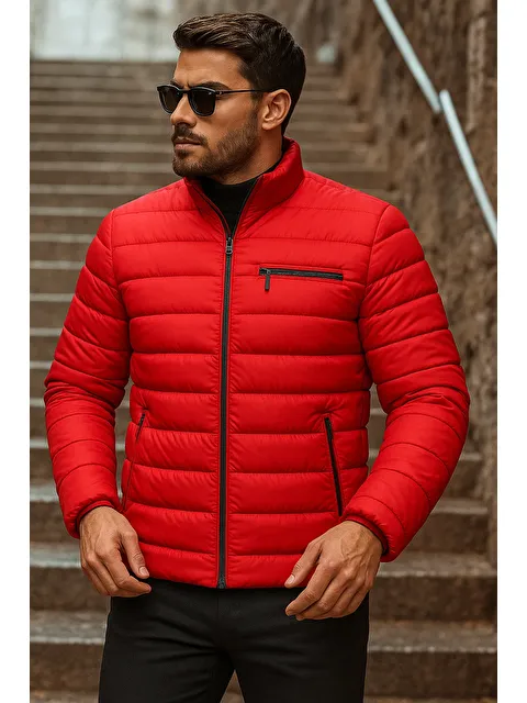 Comstar Erkek Kışlık Basic Dik Yaka Fermuarlı Kıırmızı Şişme Mont