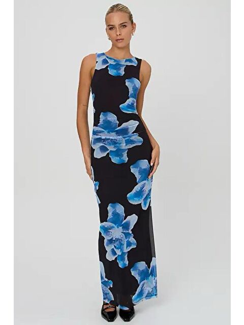 Madmext Mavi Desenli File Yüksek Yaka Maxi Elbise Mg2097 - S000206215-17234