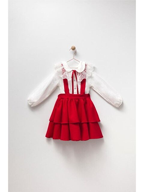 Magu Kız Çocuk Dantelli Kırmızı Kat Kat Etekli Salopet Elbise - S000491919-23173