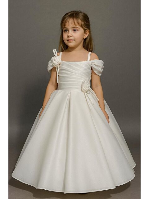 Magu Kız Çocuk Tarlatanlı Beyaz Çiçek Aksesuarlı Abiye Elbise - S000491922-20063