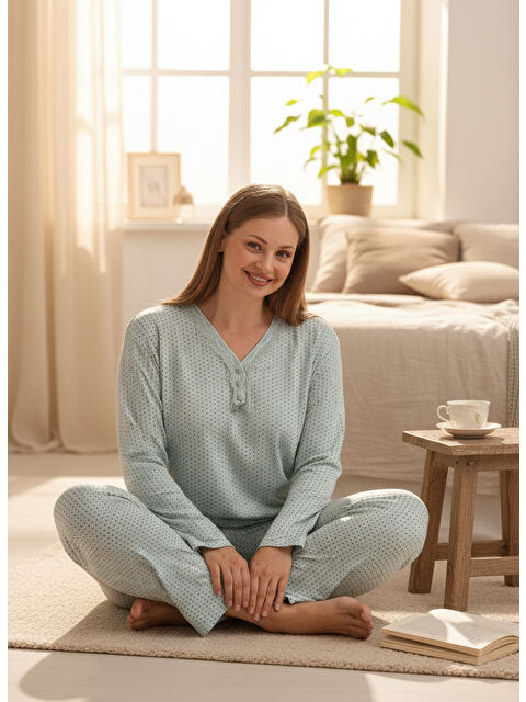 SEBOTEKS İnce Mevsimlik Kumaş Uzun Kollu Büyük Beden Kadın Pijama Takımı 773 - S000517637-18194