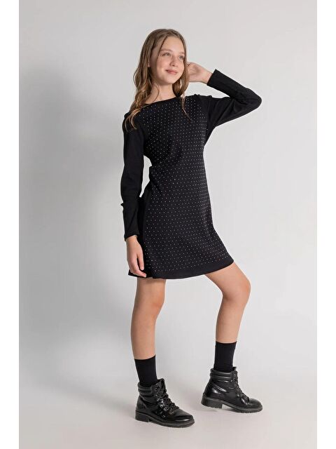 Magu Kız Çocuk Siyah Pamuklu Siyah Taş Detaylı Elbise - S000491928-19351