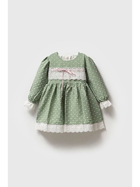 Magu Fiyonk Desenli Pamuklu Astarlı Dantelli Elbise Kız Çocuk - S000491930-18194