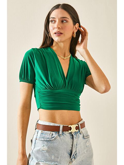Xhan Yeşil Kruvaze Yaka Dökümlü Crop Bluz 5YXK2-48472-08 - S000185454-18194