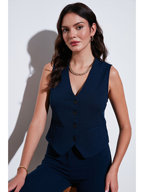 Lela Streç Fitted Fit V Yaka Düğmeli Kadın Yelek 5865971 - S000290946-21164
