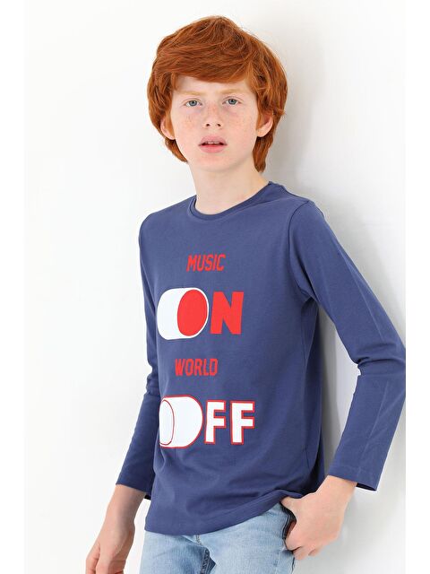 Zepkids Bisiklet Yaka Uzun Kol Musıc On Baskılı Uzun Kol Indigo Renk Erkek Çocuk Tshirt - S000356984-23093
