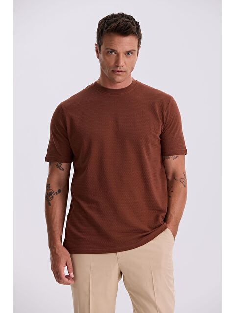 JAKAMEN Kahve %100 Pamuk Desenli Bisiklet Yaka T-Shirt - S000496955-19413