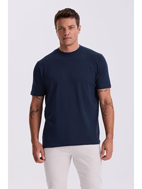 JAKAMEN Lacivert %100 Pamuk Desenli Bisiklet Yaka T-Shirt - S000496955-21164