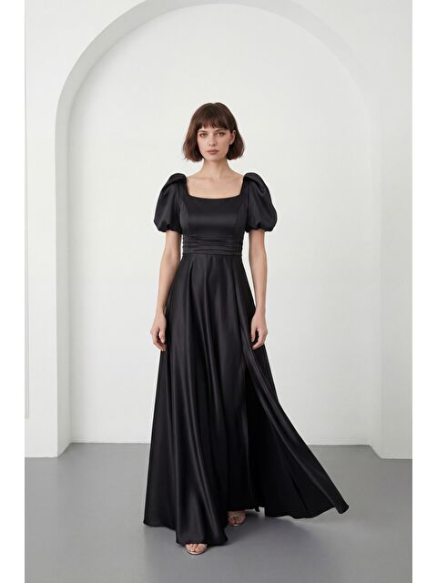 Lafaba Kadın Siyah Kare Yaka Balon Kol Yırtmaçlı Söz Nişan Nikah Abiye Elbise - S000517648-19351