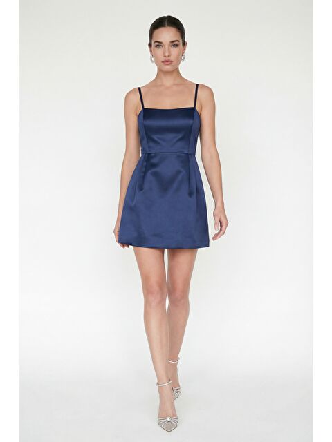 Lafaba Kadın Lacivert İnce Askılı Mini Saten Mezuniyet Abiye Elbise - S000517649-21164