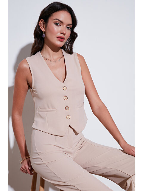 Lela Streç Fitted Fit V Yaka Düğmeli Kadın Yelek 5865971 - S000290946-25636