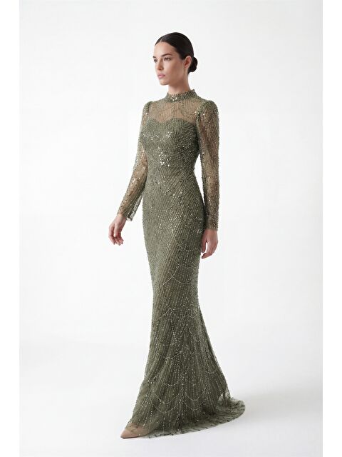 Lafaba Kadın Haki Uzun Kol Dik Yaka Taşlı Özel Tasarım Abiye - S000511071-18547