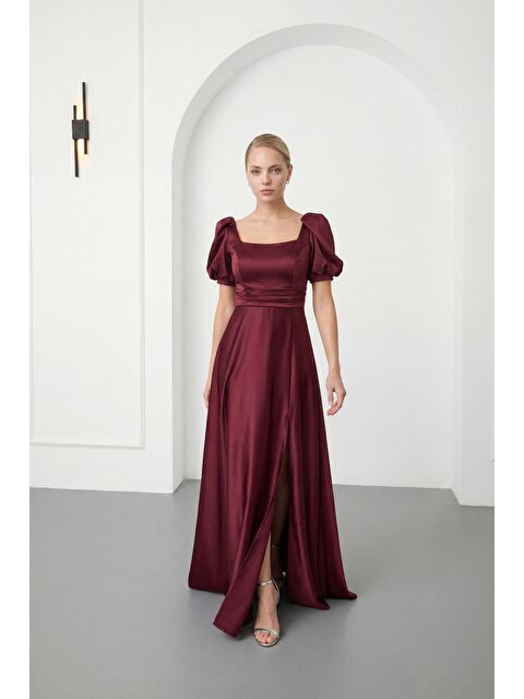 Lafaba Kadın Bordo Kare Yaka Balon Kol Yırtmaçlı Söz Nişan Nikah Abiye Elbise - S000517648-19951