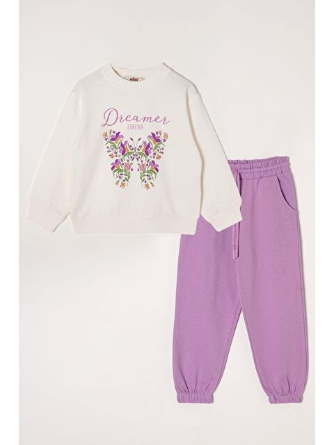 Zepkids Dreamer Kelebek Baskılı Ekru-Koyu Lila Renk Kız Çocuk Eşofman Takımı - S000356986-19999