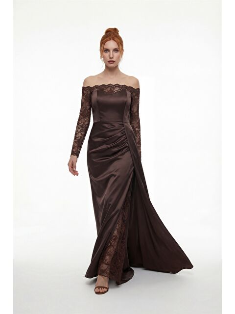 Lafaba Kadın Kahverengi Kayık Yaka Dantel Detay Kuyruklu Uzun Abiye Elbise - S000511064-19413