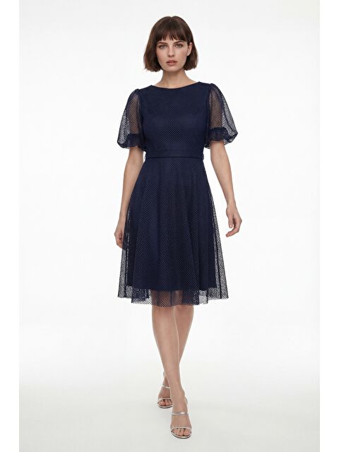 Lafaba Kadın Lacivert Balon Kol File Kumaş Detaylı Midi Kloş Abiye Elbise - S000517650-21164