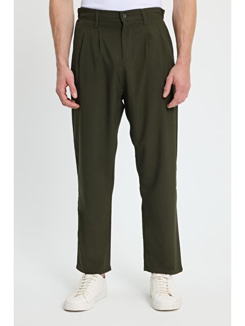 TUDORS Erkek Regular Fit Çift Pileli Beli Lastikli Rahat Kesim Bol Paça Baggy Haki Pantolon - S000519747-18547