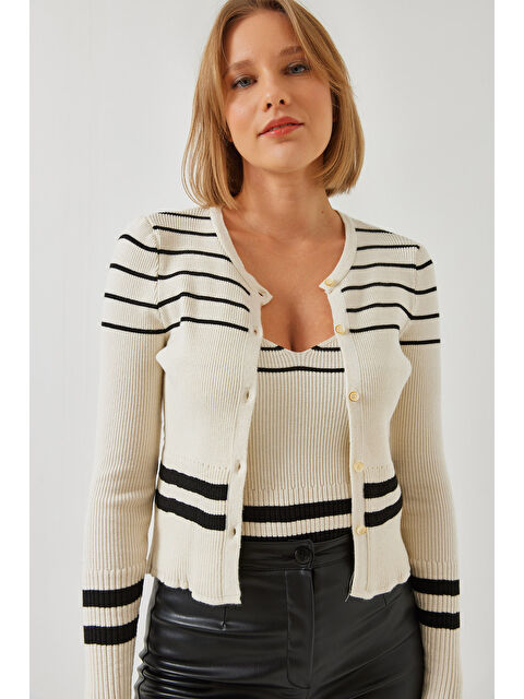 SHADE Kadın Çizgili Düğmeli İkili Triko Hırka - S000375218-19965